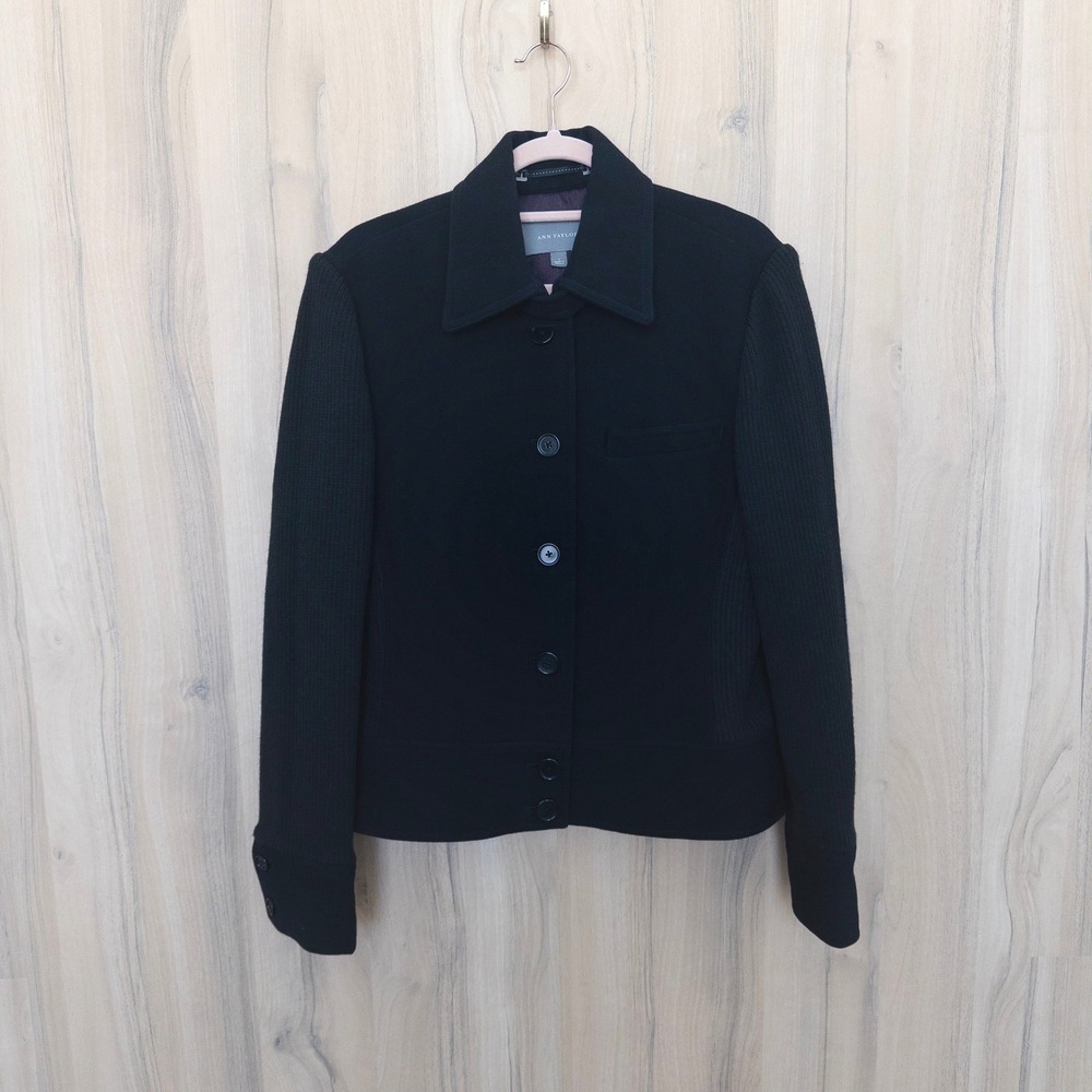Ann Taylor Womens Wool Blazer Jacket L Black Ribbed Knit Sleeve Classic Office